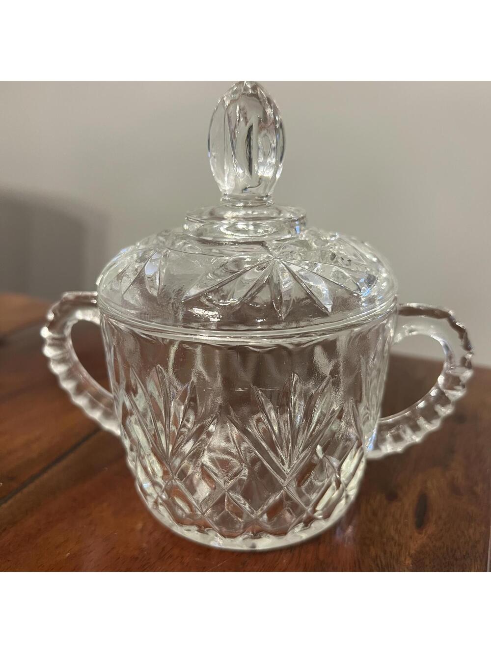 VINTAGE ANCHOR HOCKING CLEAR GLASS PRESCUT PINEAPPLE SUGAR BOWL w/LID
